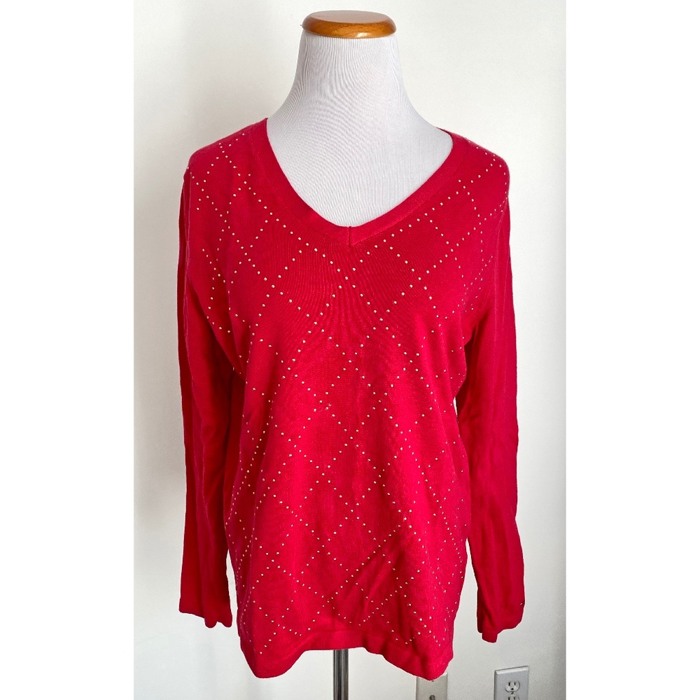 Tommy Hilfiger Red V-Neck Pullover Sweater w/ Gold Studs, 100% Cotton, Medium